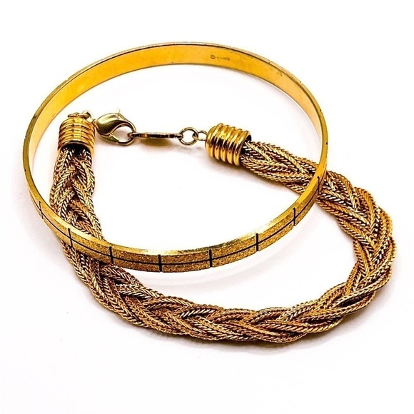 VINTAGE Napier Bracelets Gold Tone Bangle and Braided Chain Set of 2 - Picture 1 of 6